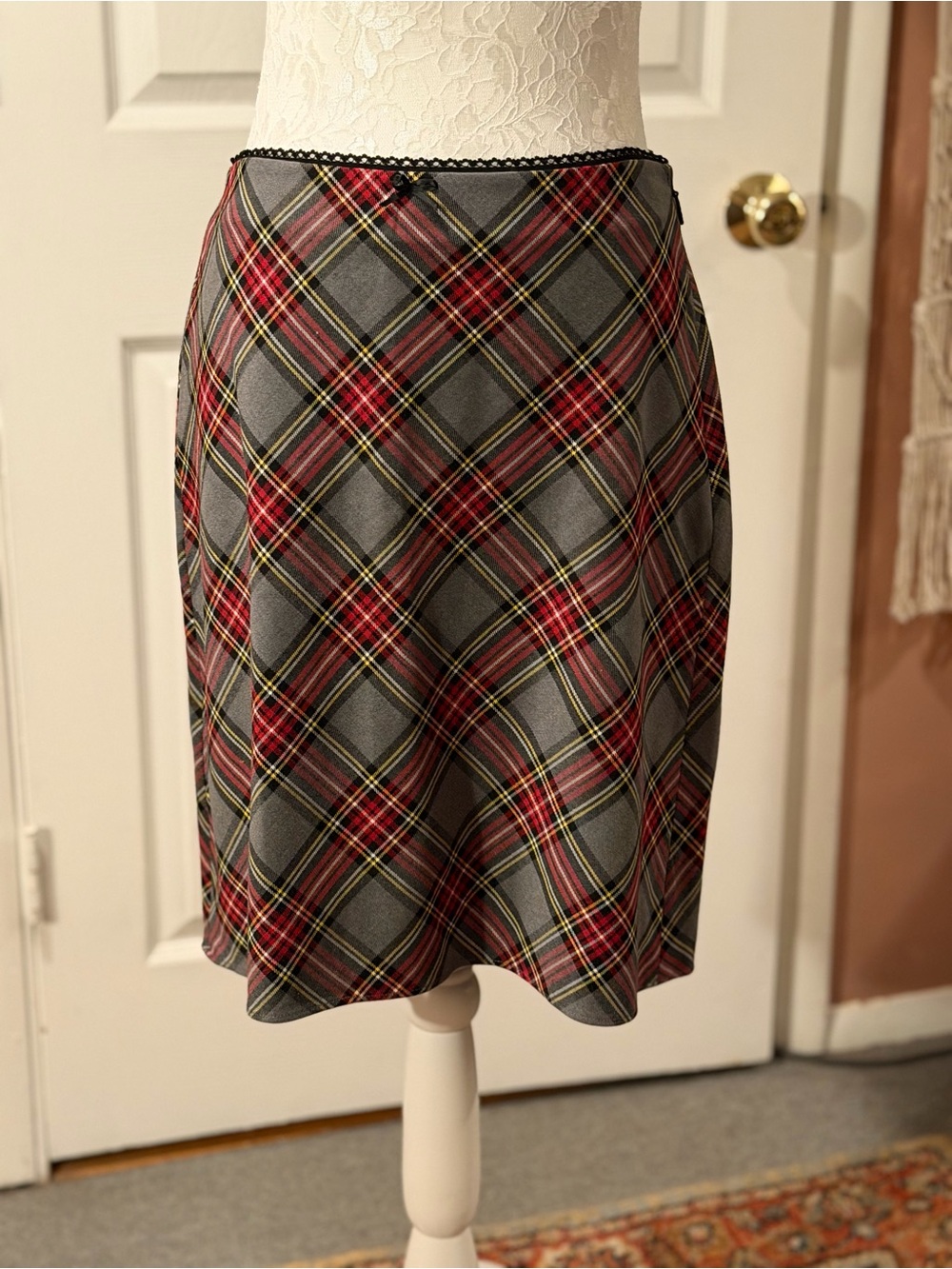 Mango Gray Plaid A-Line Skirt with Red and Yellow Accents